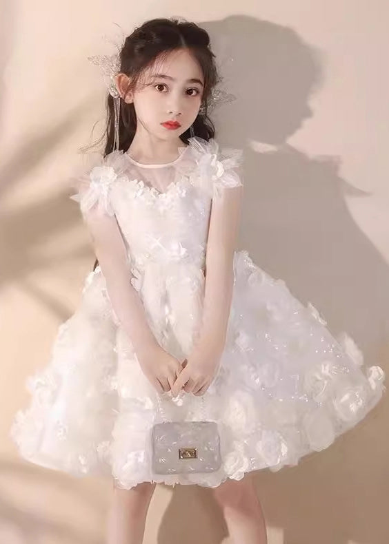 Boutique White Floral Patchwork Tulle Kids Long Dress Summer EW004