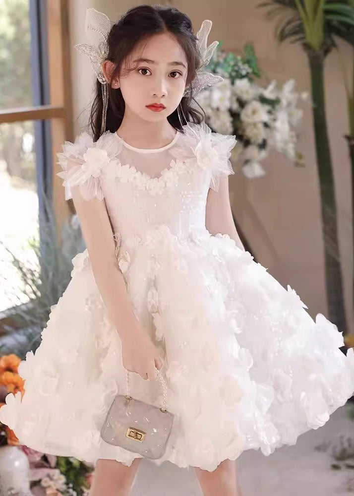 Boutique White Floral Patchwork Tulle Kids Long Dress Summer EW004