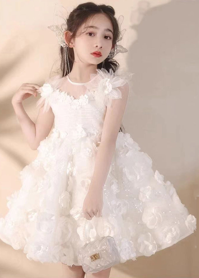 Boutique White Floral Patchwork Tulle Kids Long Dress Summer EW004