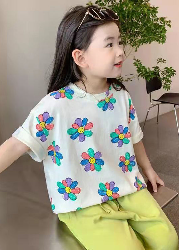 Boutique White O-Neck Print Kids T Shirt Summer YU1064