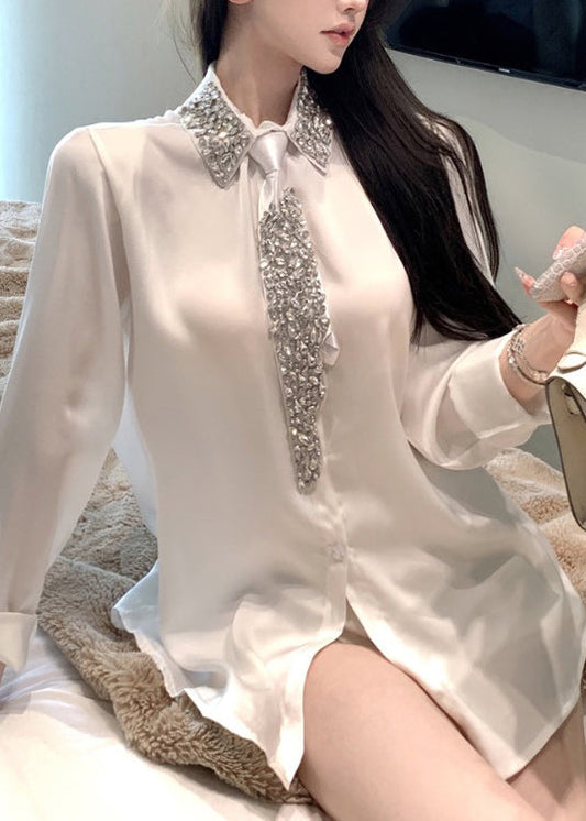 Boutique White Peter Pan Collar Zircon Silk Shirt Top Spring YF011
