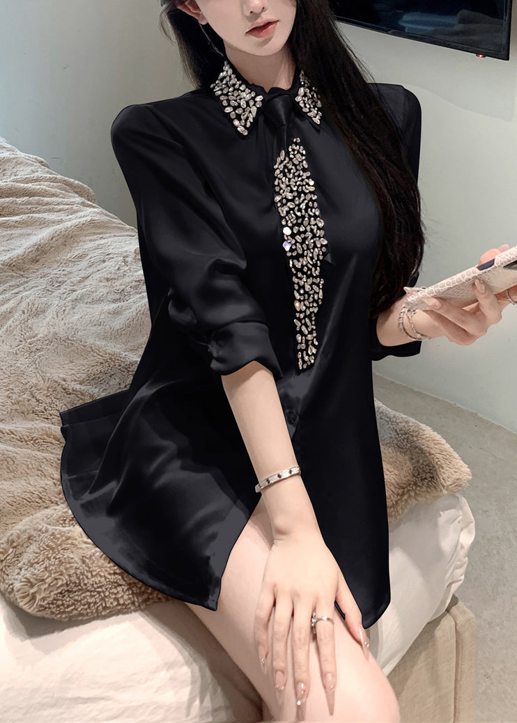 Boutique White Peter Pan Collar Zircon Silk Shirt Top Spring YF011