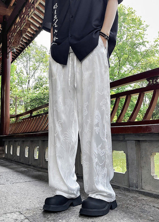 Boutique White Pockets Oriental Print Ice Silk Mens Pants Summer YT051