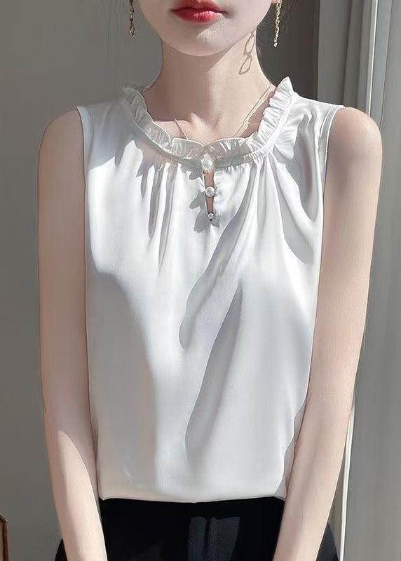 Ruffled Button Sleeveless Silk Shirts Boutique White