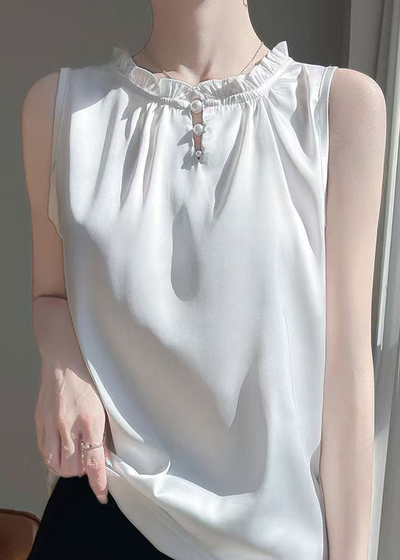 Ruffled Button Sleeveless Silk Shirts Boutique White