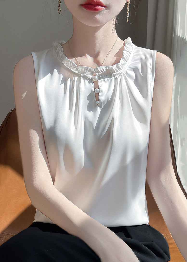 Ruffled Button Sleeveless Silk Shirts Boutique White