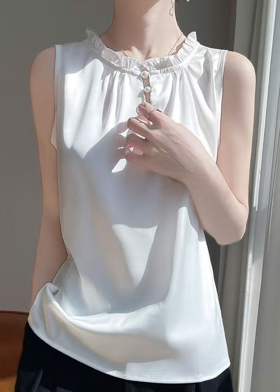 Ruffled Button Sleeveless Silk Shirts Boutique White