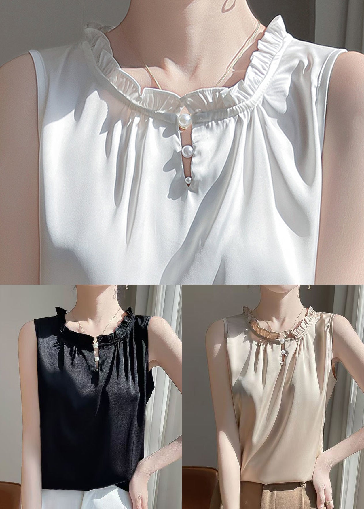 Ruffled Button Sleeveless Silk Shirts Boutique White