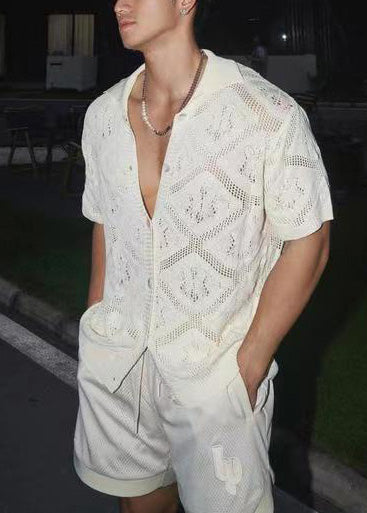 Men V Knit Neck Casual Hollow White Boutique Polo Shirt Out