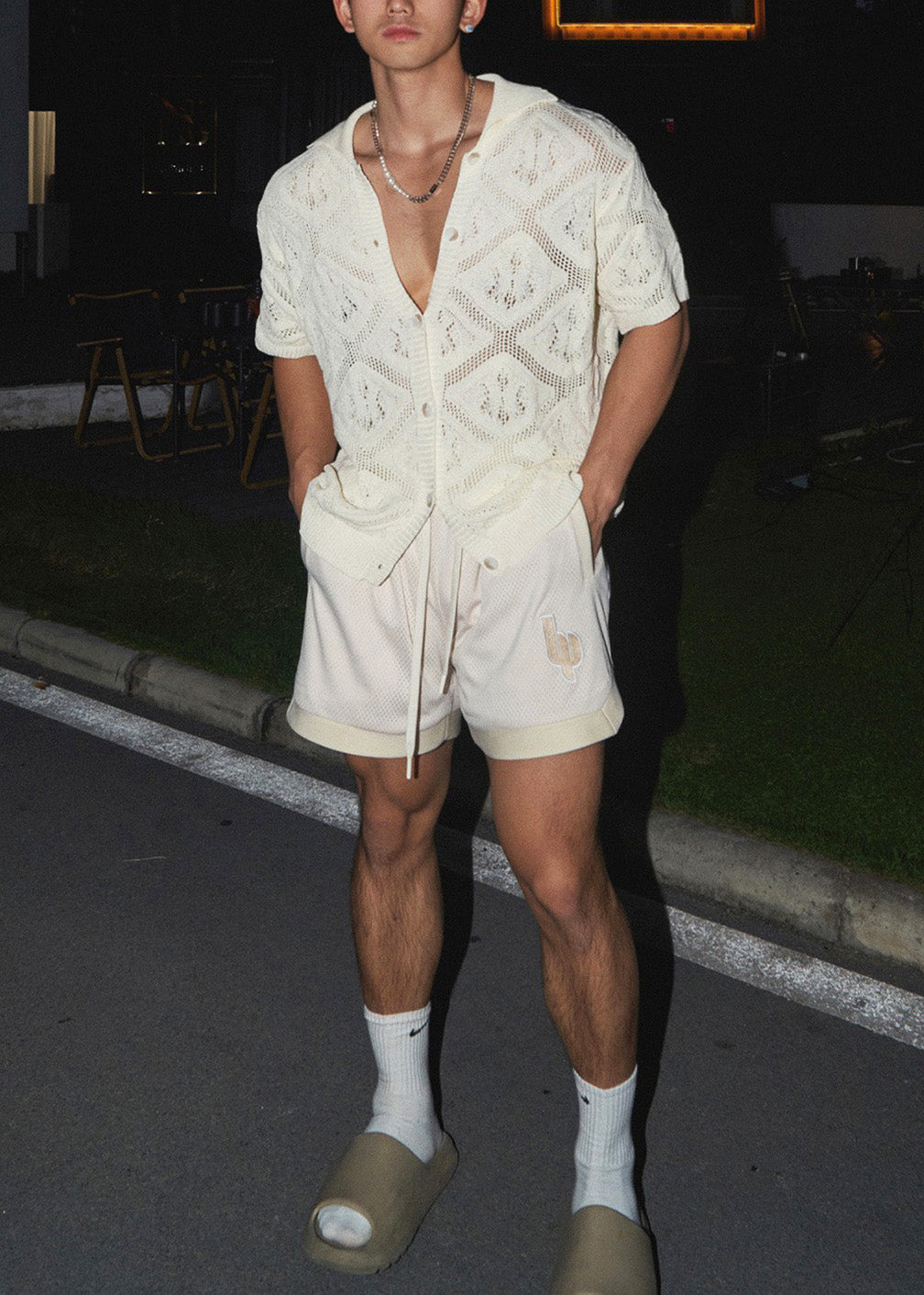 Men V Knit Neck Casual Hollow White Boutique Polo Shirt Out