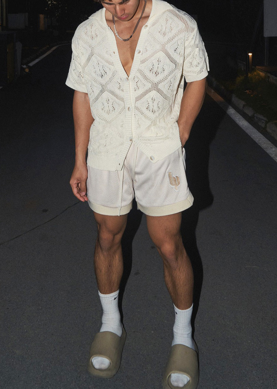 Men V Knit Neck Casual Hollow White Boutique Polo Shirt Out