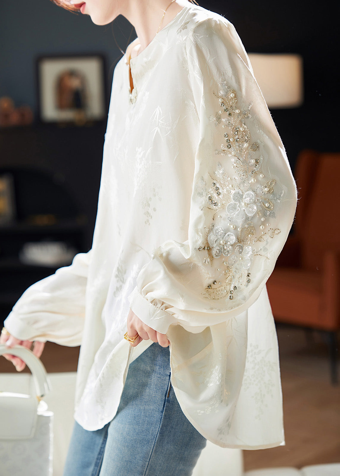 Neck V Bead Shirt White Chiffon Sequins Spring Nail Boutique