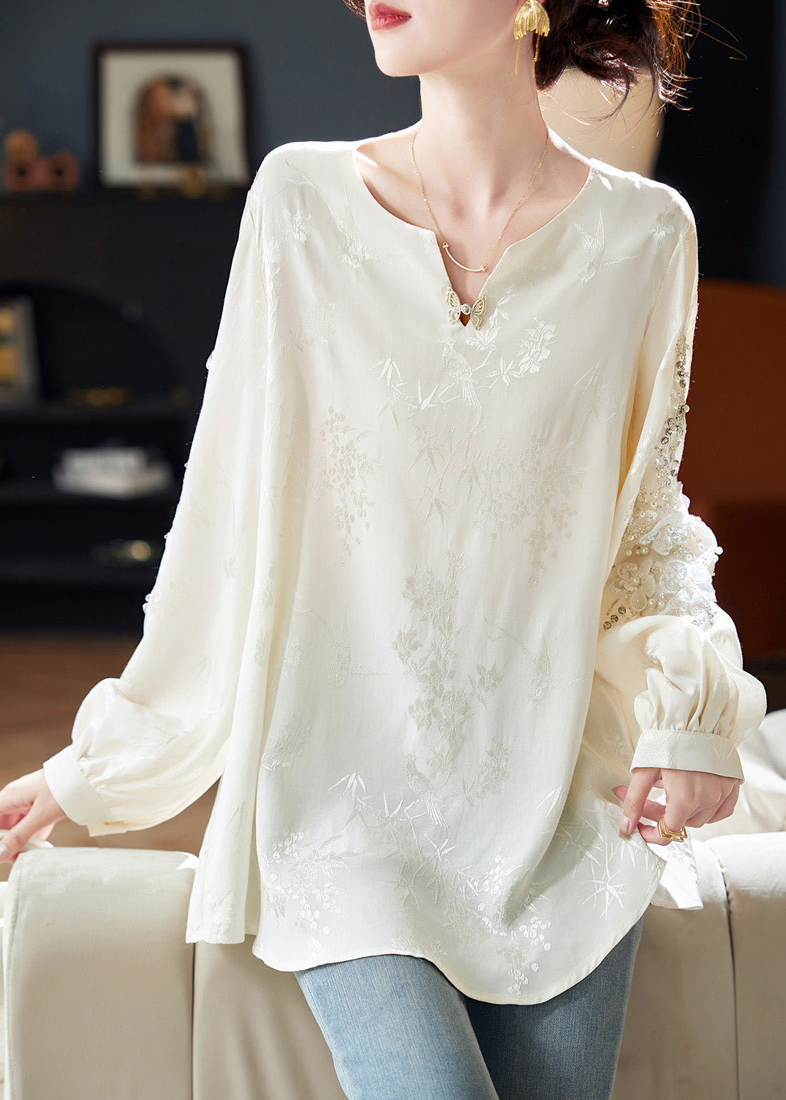 Neck V Bead Shirt White Chiffon Sequins Spring Nail Boutique