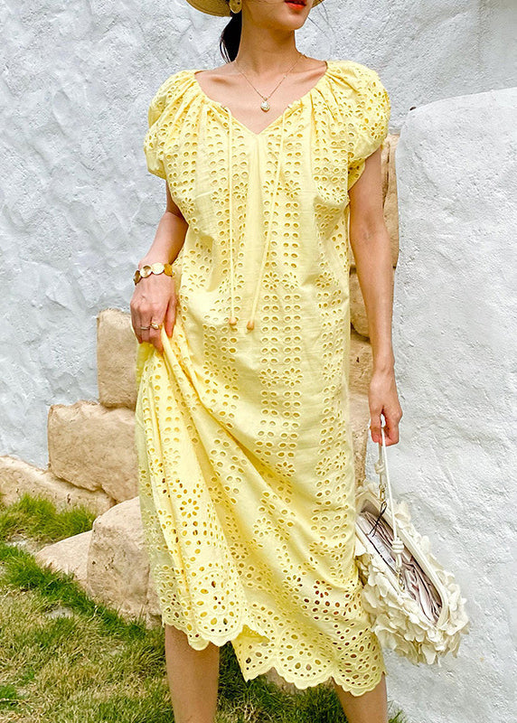 Dress Long Yellow O-Neck Hollow Out Boutique Cotton Knitted
