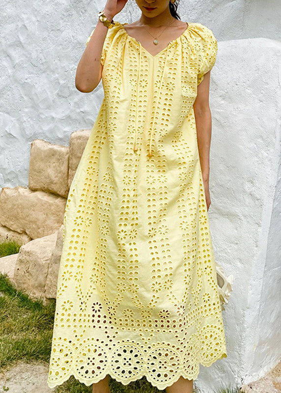 Dress Long Yellow O-Neck Hollow Out Boutique Cotton Knitted