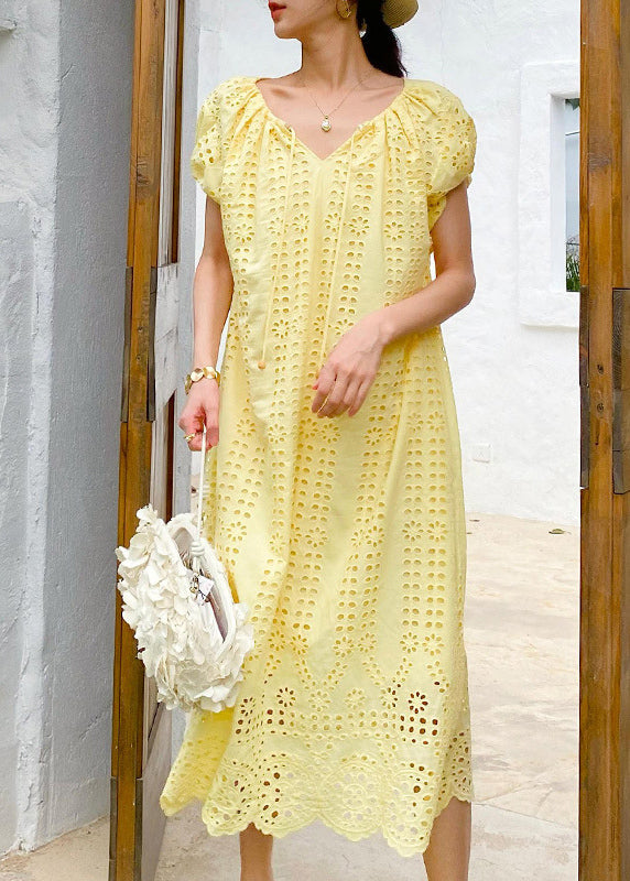 Dress Long Yellow O-Neck Hollow Out Boutique Cotton Knitted