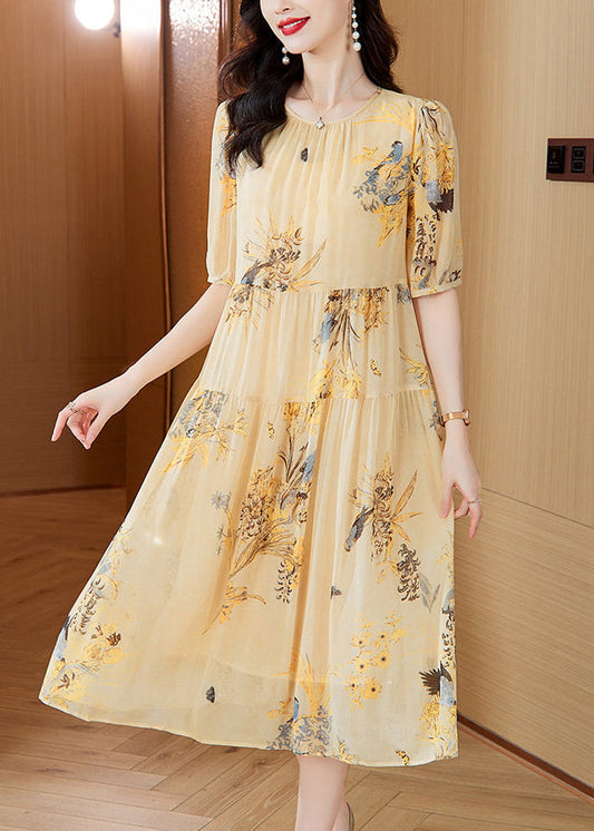 Neck Wrinkled Summer Yellow O Dress Silk Boutique Up Print Lace