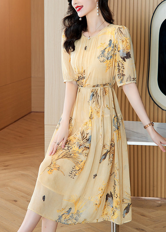 Neck Wrinkled Summer Yellow O Dress Silk Boutique Up Print Lace