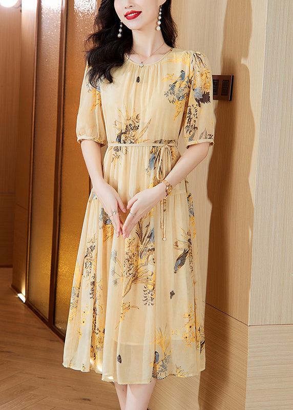 Neck Wrinkled Summer Yellow O Dress Silk Boutique Up Print Lace