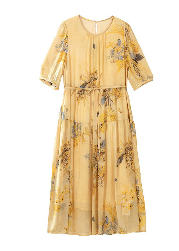 Neck Wrinkled Summer Yellow O Dress Silk Boutique Up Print Lace