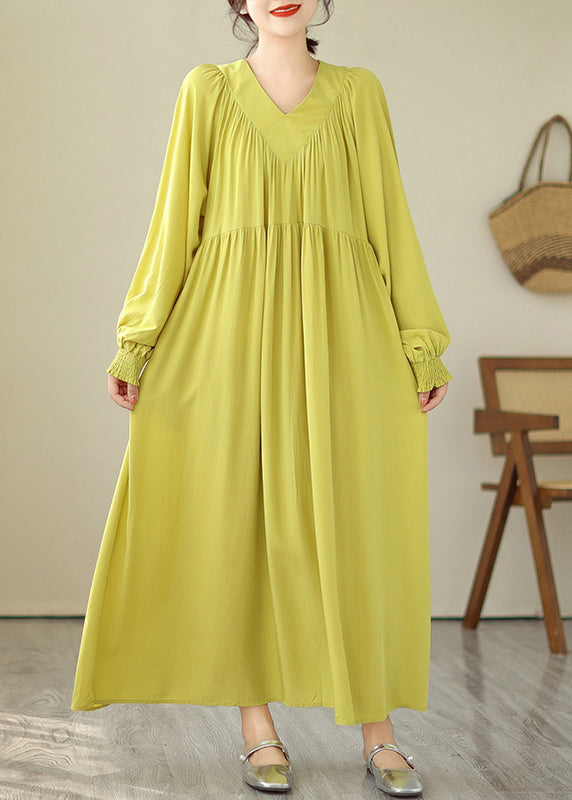 Boutique Yellow V Neck Green Long Dress Puff Sleeve VB1009