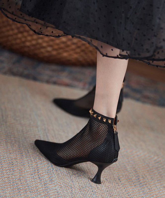 Toe Splicing Pointed Black Rivet Boots Breathable Mesh