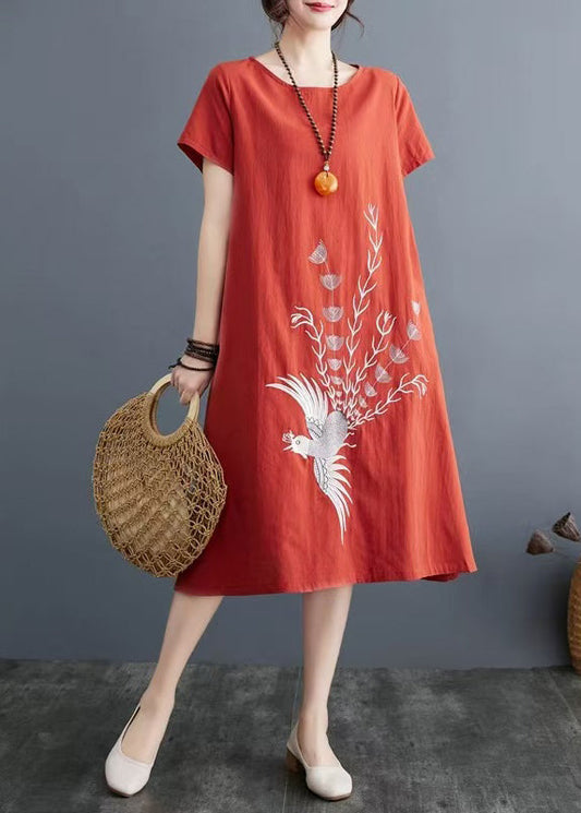 Day Embroidered Brick Dress Linen Red Summer