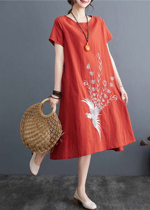 Day Embroidered Brick Dress Linen Red Summer