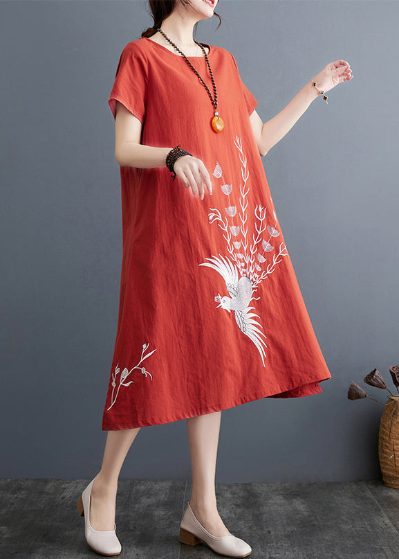 Day Embroidered Brick Dress Linen Red Summer