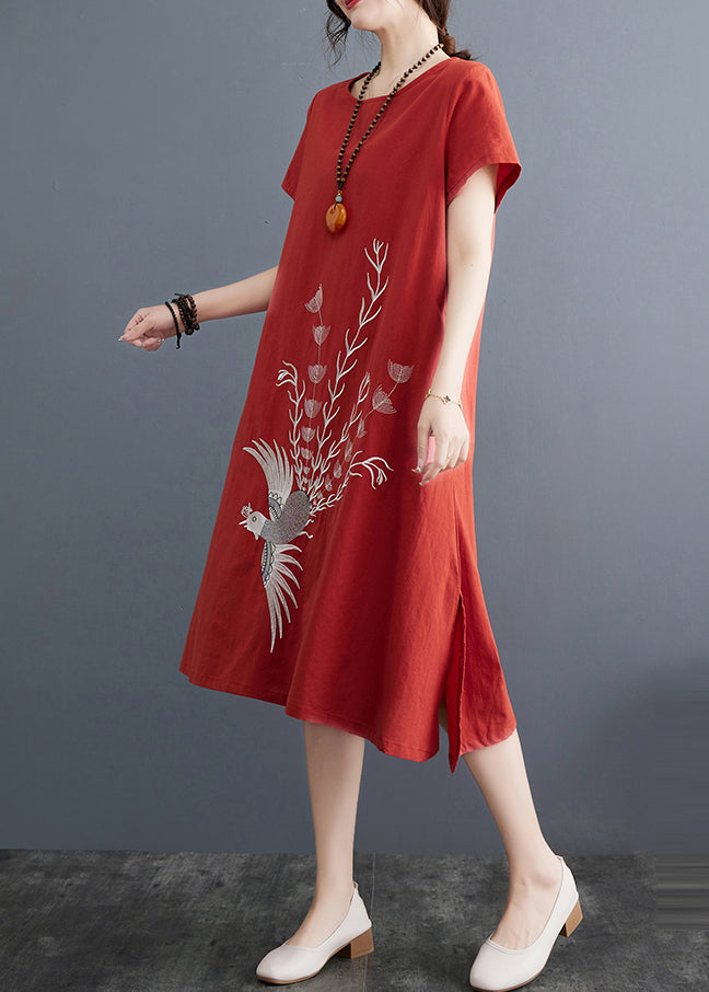 Day Embroidered Brick Dress Linen Red Summer