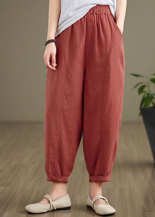 Brick Red Pockets Cotton Pants Elastic Waist Fall  QO052