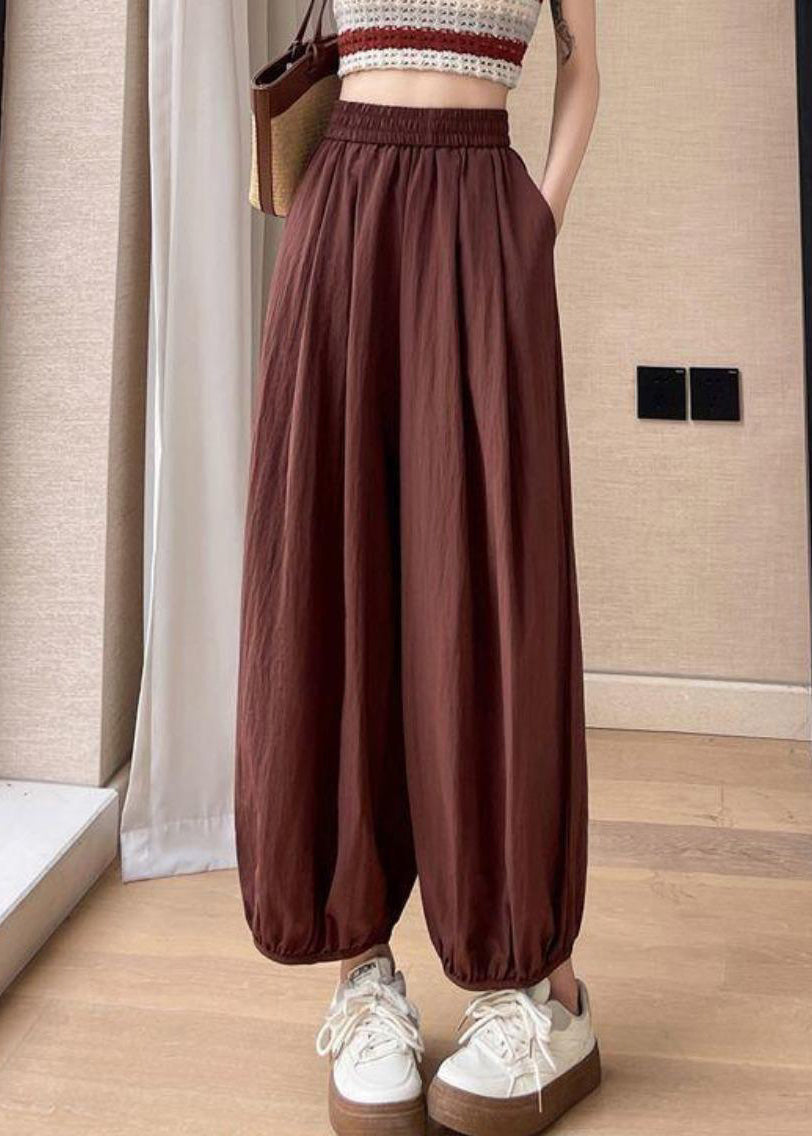 Solid Summer Elastic Red Crop Brick Pockets Pants Cotton Waist