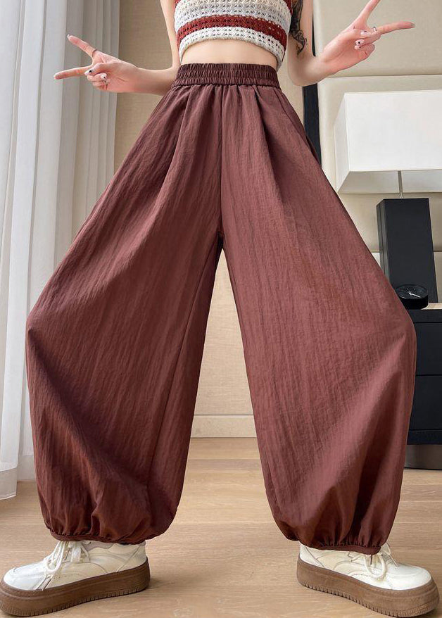 Solid Summer Elastic Red Crop Brick Pockets Pants Cotton Waist