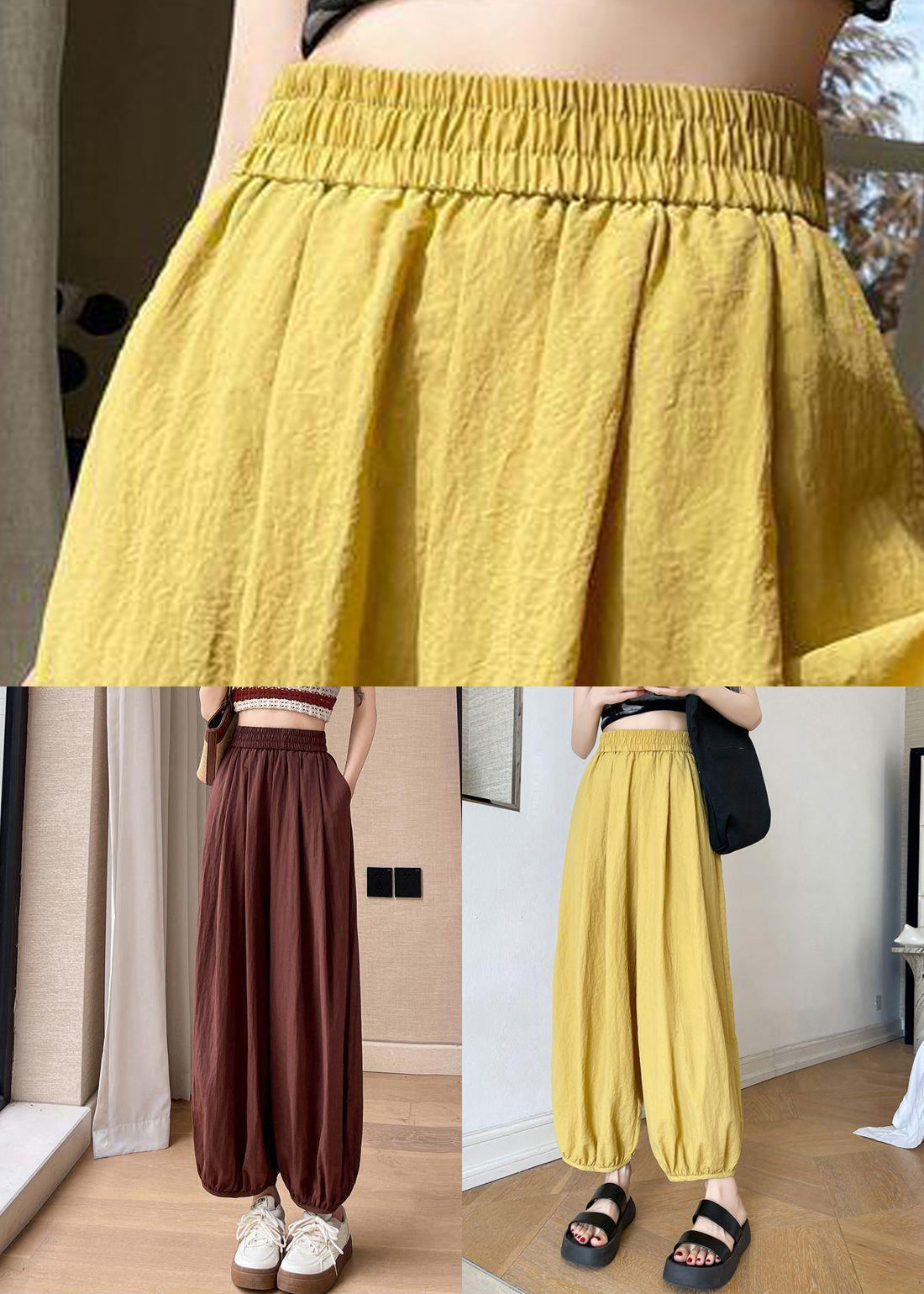 Solid Summer Elastic Red Crop Brick Pockets Pants Cotton Waist