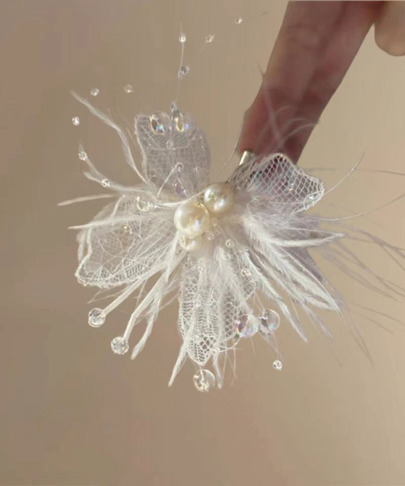 Lace Hairpin Pearl Brief Feather Hollow Beige Out