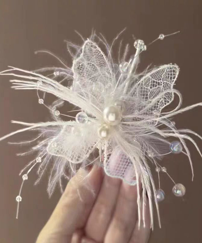 Lace Hairpin Pearl Brief Feather Hollow Beige Out