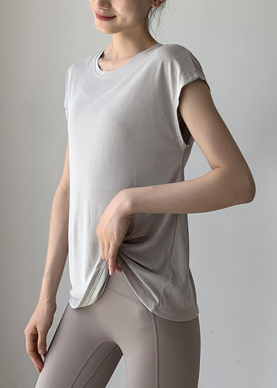 Green Sleeve Blackish Short Solid Top Yoga Brief O-Neck Wrinkled