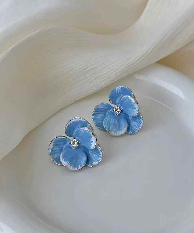 Earrings Brief Zircon Blue Alloy Floral Stud