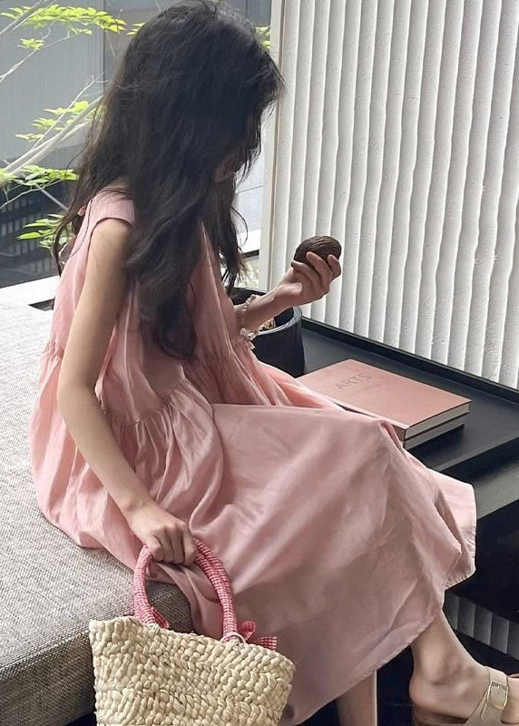 Brief Pink O-Neck Patchwork Solid Silk Kids Maxi Dresses Summer GF009