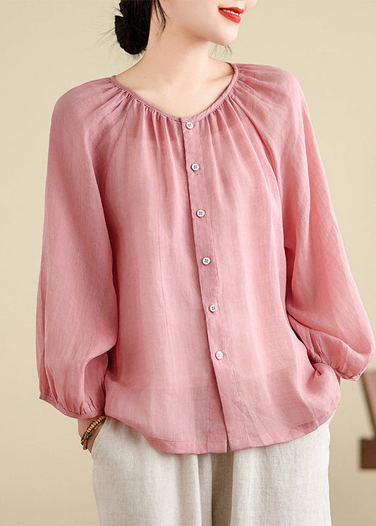 Brief Pink O-Neck Tops Puff Sleeve AP024