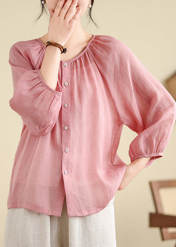 Brief Pink O-Neck Tops Puff Sleeve AP024