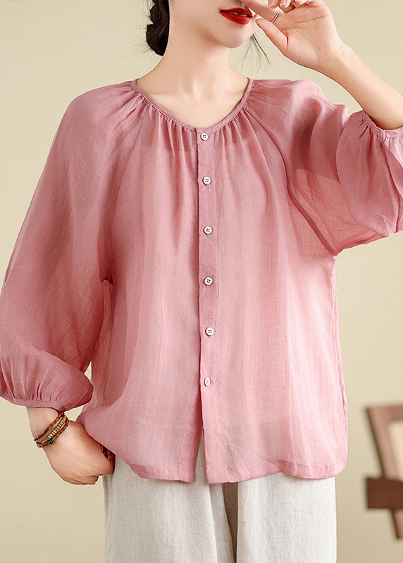 Brief Pink O-Neck Tops Puff Sleeve AP024