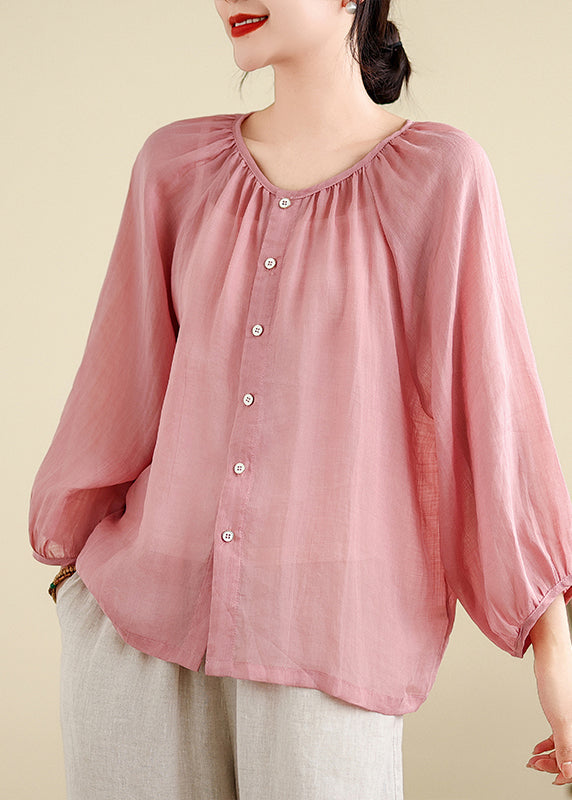 Brief Pink O-Neck Tops Puff Sleeve AP024