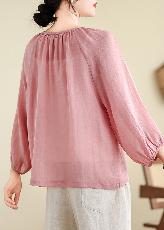 Brief Pink O-Neck Tops Puff Sleeve AP024