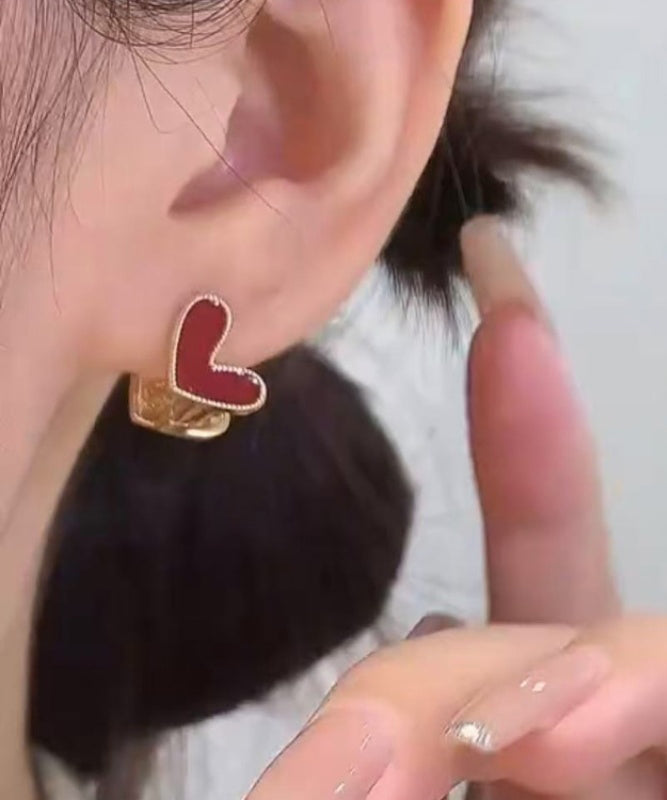 Sterling Stud Brief Zircon Overgild Red Silver Love Earrings