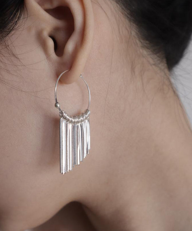 Tassel Waterfall Silk 925 Brief Hoop Earrings Silver