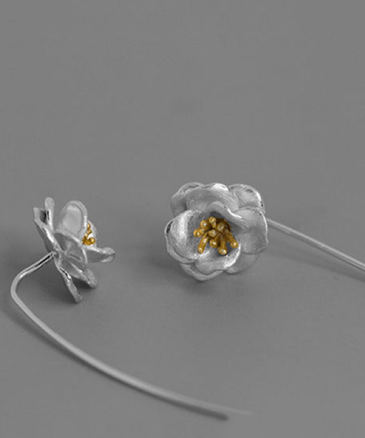 Boucles d'oreilles pendantes à pampilles en argent sterling et fleur de camélia en soie QQ028