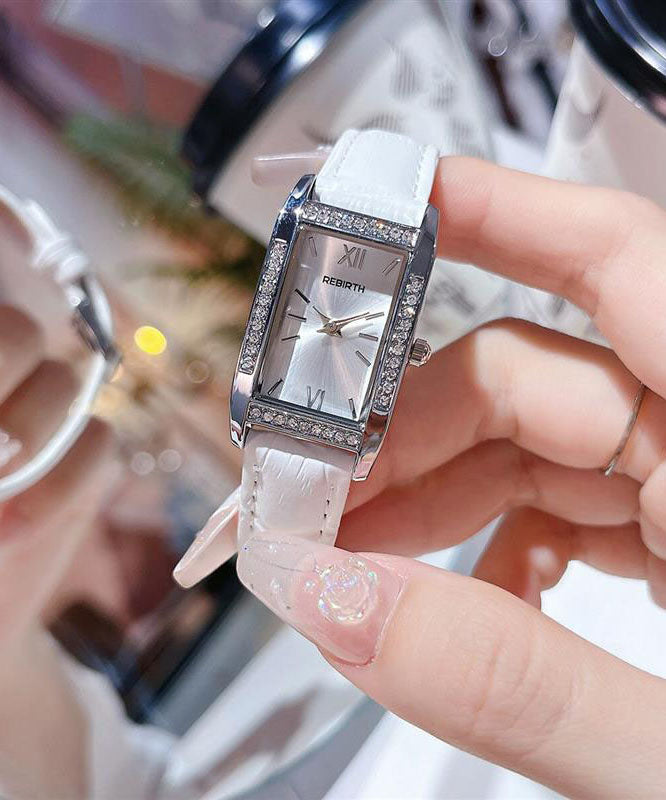 Brief White Leather Watches Zircon Square