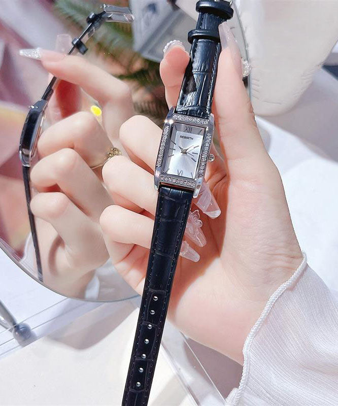 Brief White Leather Watches Zircon Square