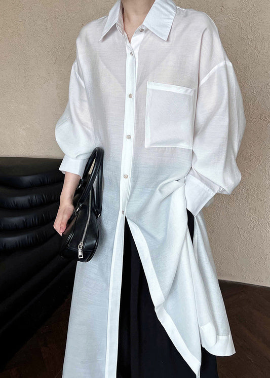 Brief White Peter Pan Collar Patchwork Silk Cotton Long Shirt Dresses Long Sleeve QE069